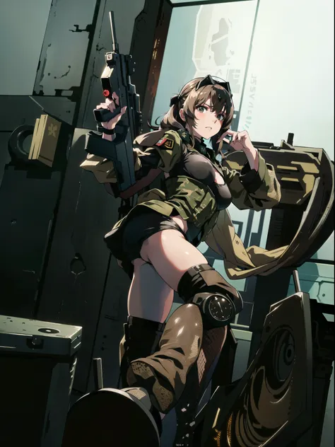 There is a woman wearing military uniform and holding a gun., m4 sopmod ii girl frontline, mechanized soldier girl, Quieter than Metal Gear Solid v, Quieter than Metal Gear Solid, infantry girl, military girl, soldier girl, bikini + Tattered military equip...