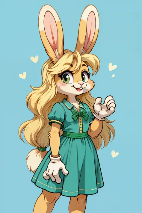Minimalist art style, Vintage loony tunes style, Female rabbit smiling brightly, green summer dress, blonde fur, long hair style,White gloves,