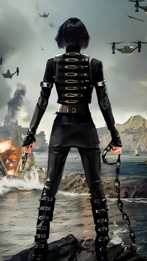 arafed woman in black outfit standing on rock with guns and ships in background, villainess, movie poster character, style is a ...