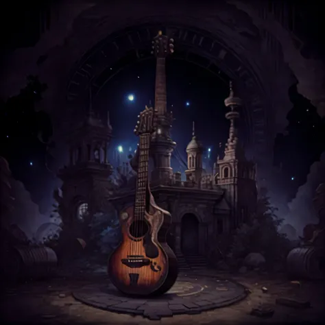 There is a photo of the clock tower with the guitar., artwork, Steampunk Guitar, artistic illustration, Written by Alexander Cobbsday, music, cd cover artwork, Written by Alexander Gielimski, complex and magnificent composition, official artwork, album, mu...