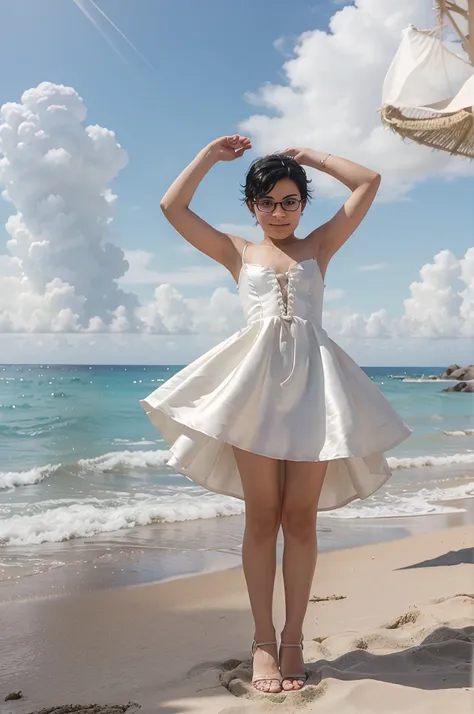 A young boy named Lván in a wedding dress has short black hair and wears round glasses., vestido corto y medias blancas y tacones de cristal, jumping very high on a beach in Mexico, estilo anime