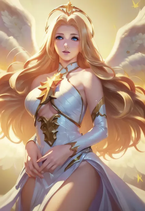 (masterpiece, best quality:1.5), 1girl, angel, angel wings, bare shoulders, blonde hair, breasts, dress, feathered wings, halo, ...