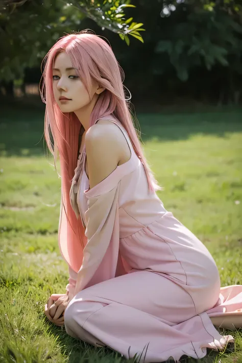 Long-haired half-length sister，Has pink hair，On the green savannah，close eyes