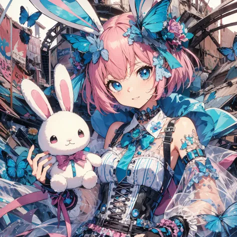 Illustrate an anime scene where a girl with pink bobbed hair and blue eyes exudes confidence in a crystal clear rabbit costume, holding a plush rabbit. Her outfit, marked by punk influences and whimsical elements, is highlighted with blue butterfly accesso...