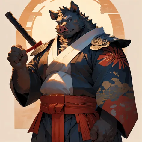 (masterpiece, anatomically correct),(((bara, hard gay, super muscular male, large pectorals))),((a mature anthro pig samurai, black fur, fluffy body, daddy, small tummy, large pectorals, sexy)),((standing, close-up, from below)),(by darkgem, by sindenbock,...