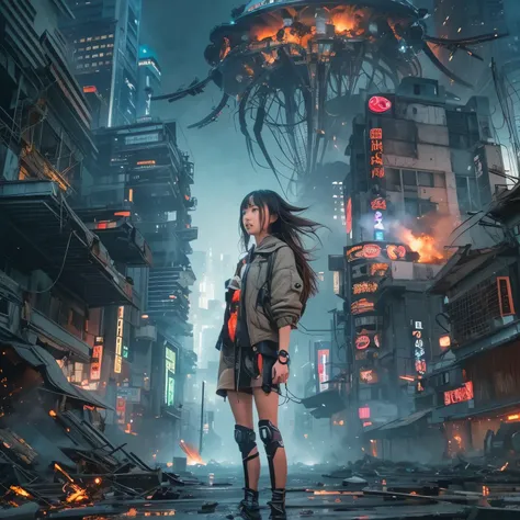 (one young beautiful japanese woman、Several robots destroying the city)、SF、A woman with telekinetic powers、The space around the woman's body appears distorted.、destroyed metropolis、Challenge the invaders、urban decline、blazing flame、Collapsing high rise...