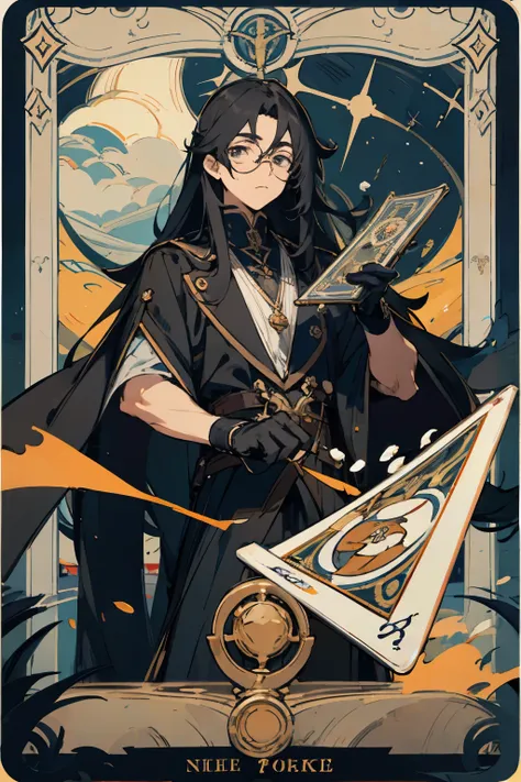 long black hair,male,tarot,Glasses,black gloves