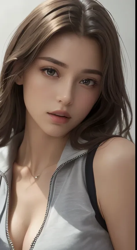 (masterpiece、highest quality、photorealistic、High resolution、photograph、:1.3)、very close up shot、sharp focus、one brunette girl、european girl、hot models、Highly detailed eyes and pupils、real skin、slim body shape、cleavage、highly detailed hair、delicate sexy fac...