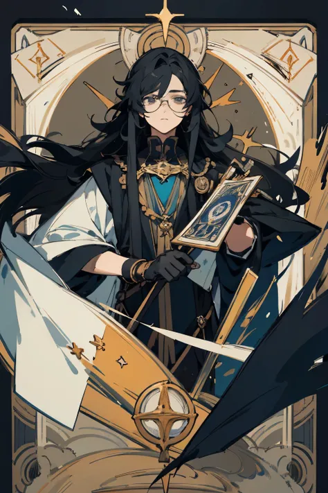 long black hair,male,tarot,black rim glasses,black gloves