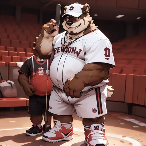 New Jersey 5 Hairy, Bear，full body portrait, male,exquisite， chubby，thick arms，plush fur，front，stand，baseball cap，red and white striped shirt，white shorts，sneakers，holding a baseball bat，stand，sweating，Smile