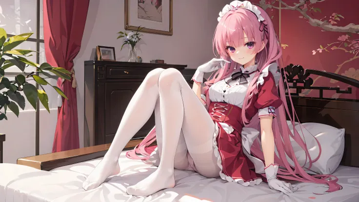 Chinese architecture,night chinese background， solo，a girl，170cm height，25CM bust，pink hair，Red maid outfit，white underwear，night，gentle，Smile， ((white pantyhose)，indoors，on the bed，black gloves，no shoes，mitsukasa ayase