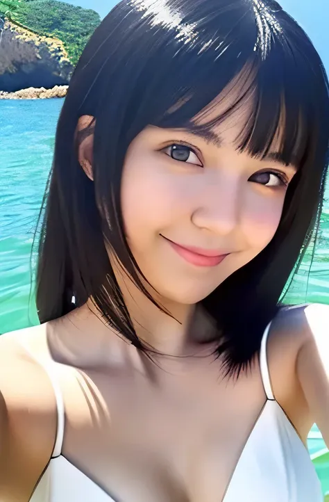 beautiful face,anime,cool beauty,1 female,black hair,brown eyes,medium hair,summer sea,medium chest,20th generation,no pubic hair,Length 162cm,sharp outline,medium body,whole body,white bikini,shy smile,(selfie:1.5),