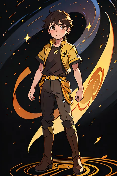 13 year old boy. messy dark brown hair. golden eyes. wearing golden clothes. wearing boots. whole body can be seen. arms at the side standing straight. facing forward. cosmic background