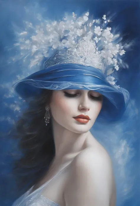 Create a blue and white painting that speaks of a person&#39;s pure soul, contains an immense love, People always give love to bring great beauty to humanity , The painting has strong lines, only two colors blue , The painting has shimmering transparent li...