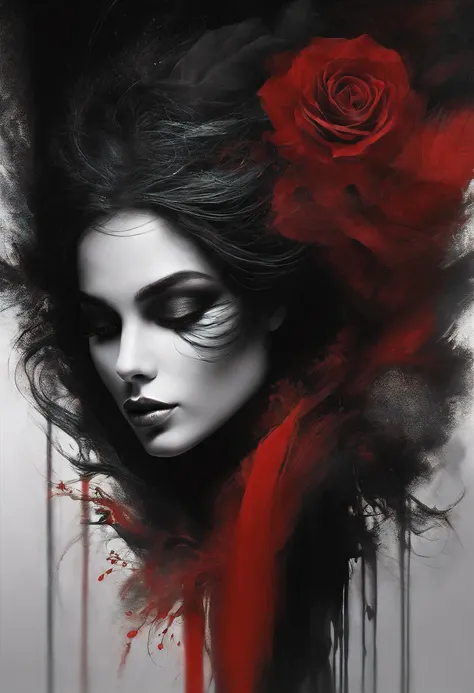 Creates an impressive black and red painting that is mystical and has a mysterious quality, Express a unique personality , People are so beautiful that they are dreamy and shake the whole world 