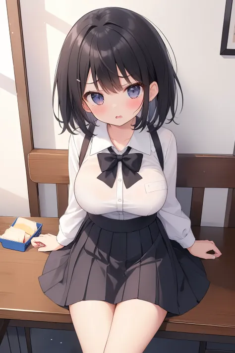 (( masterpiece, highest quality))), (girl)、NSFW(Loli、10 years old、cute、low length、black hair、short hair、tied hair、Lunch on the table、（huge breasts:1.8、skirt）、angry look、anger、((close)), ((flushed)),Cafe、perfect composition、close、