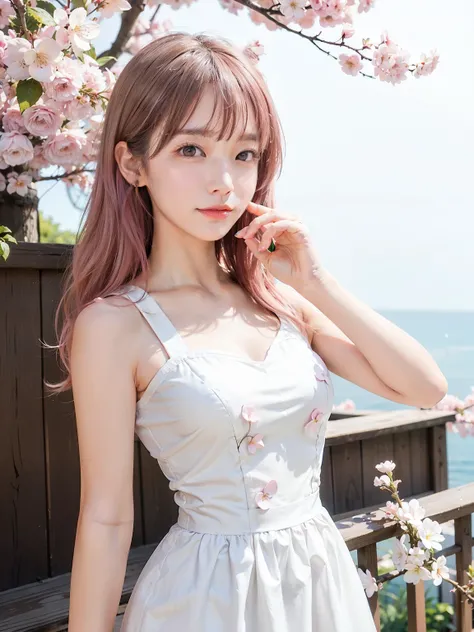 light pink hair, pink eyes, pink and white, cherry blossom leaves, Bright colors, white dress, paint splashes, simple background, ray tracing, wavy hair