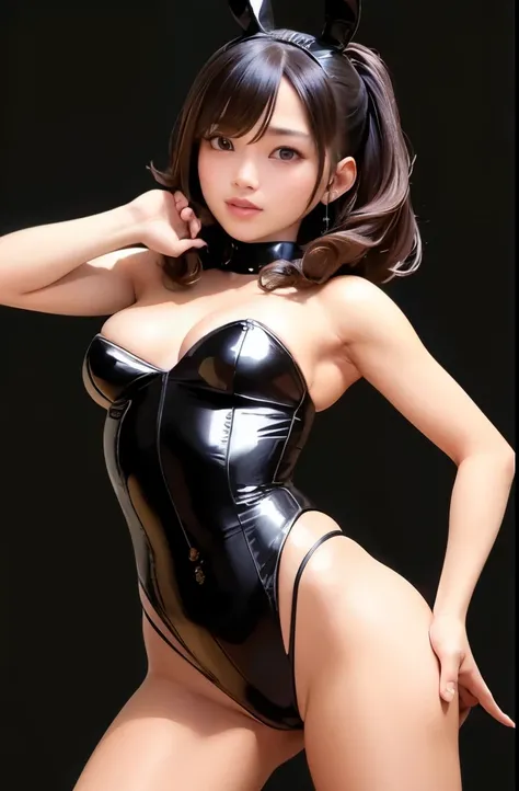 (1 girl:1.3), half body shot, Japanese, 17-year-old supermodel, donning a black bunny girl outfit, pose showcased from the side (3/4 view), ensured at the highest quality:1.4, with a 32K resolution and super realistic:1.5 detail, embodying a masterpiece:1....