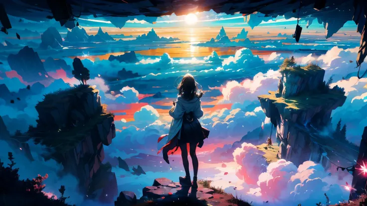 Step into a world of enchantment and splendor, where reality merges with dreams. Imagine an awe-inspiring vista - a boundless sea of stars, radiating brilliance above a billowy expanse of clouds. In the foreground, a young girl stands gracefully upon a clo...