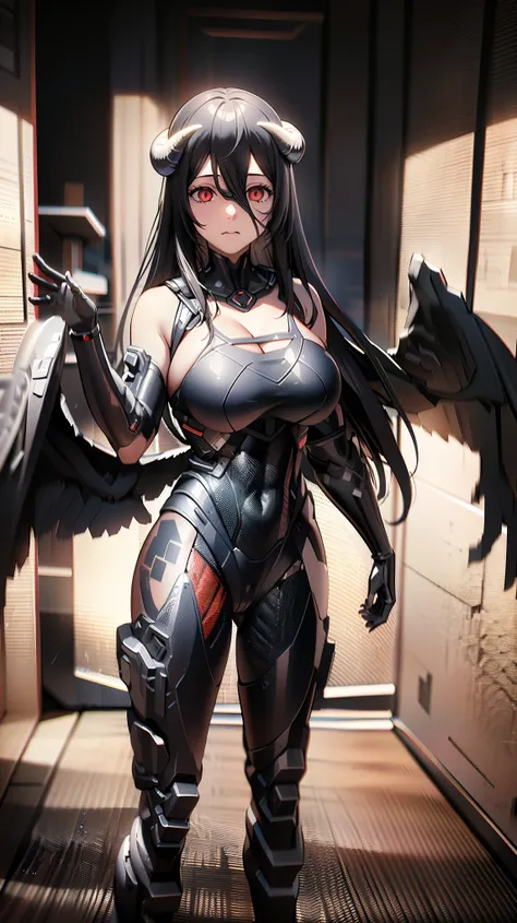 1 girl,NSFW,al1, demon horns, white gloves, white dress, bare shoulders, detached collar, cleavage, slit pupils, black wings, feathered wings, low wings,(Overload),((huge breasts 1.5)), clavicle, Glowing crimson eyes,absurd, brainwashing,empty eyes, Mind c...