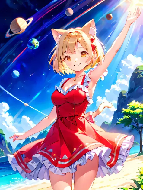 1 girl, walk, Vibrant light RED print ruffle dress, outdoor, Summer in another world, multiple planets in the sky, girl living in another world, , smile, , cleavage、(Cat ear)、Bob cut blonde hair、8K,Vivid landscapes、Raise your hands and stretch your back、