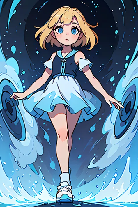 (Masterpiece, best quality), 12 year old girl. blonde hair with blue high-lights. blue eyes. wearing an ocean dress . wearing blue sneakers. wearing white. standing straight. arms at the side. facing forward.whole body can be seen. cosmic background.
