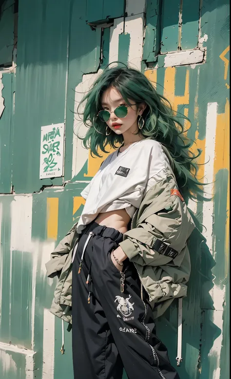 Kizi, Sexy, Handsome movements,Sideways photo,Colorful color scheme,(green hair)sunglasses, long pants, long eye bongs, cool spray graffiti creative background, genz millenial soft faceTrendy clothing,Columnar patch background,green tomboy ish messy hai, r...