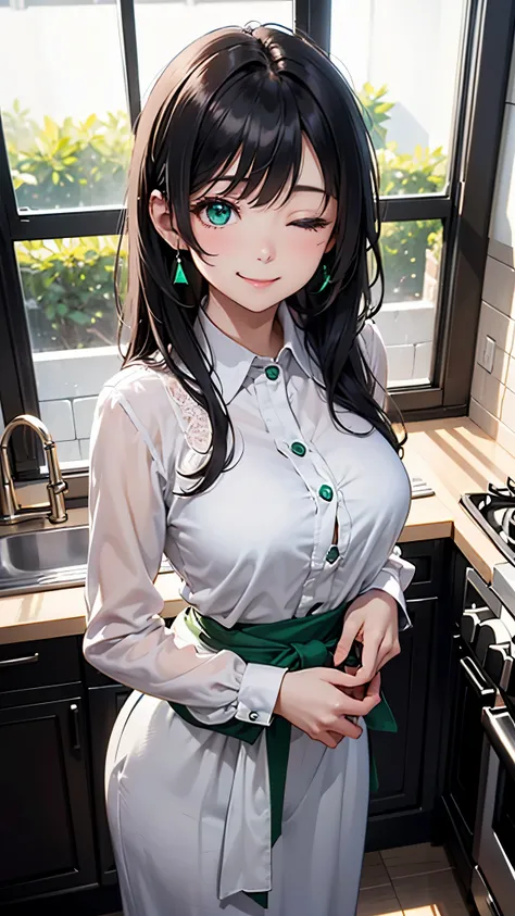 highest quality、masterpiece、８K、1 female、20-year-old、black hair、Wavy Long Hair、bangs、(cute woman)、smiling、emerald green eyes、one eye closed、kitchen、(white blouse)、sparkling eyes、big bust、((from waist to head))、(Are standing)、(focus on face)、(transparent)、(p...