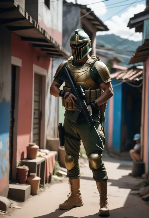 a spartan solDier invaDing a brazilian Favela, lifelike, taken using the Canon EOS R camera with a 50mm F/1.8 shots, F/2.2 aperture, shutter speeD 1/Over 200 years old, ISO 100 anD natural light, Full BoDy, hyperrealistic photography, Movie, Movie, HyperDe...