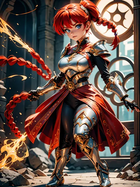 Garota anime ruiva guerreira, com ears fox, com armadura red,  red armored, 15 anos, corpo bonito, seios grandes, postura de combate, segurando espada, Garota sexy, red hair with braid, mechas de cabelo laterais, mechas de cabelo na lateral do rosto, beaut...