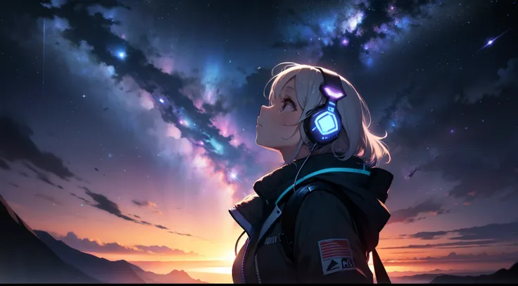 A girl wearing headphones looking up at the night sky where the large purple-blue Milky Way galaxy can be seen beyond the horizon.. Distant shots. cinematic. wide angle. 4k.