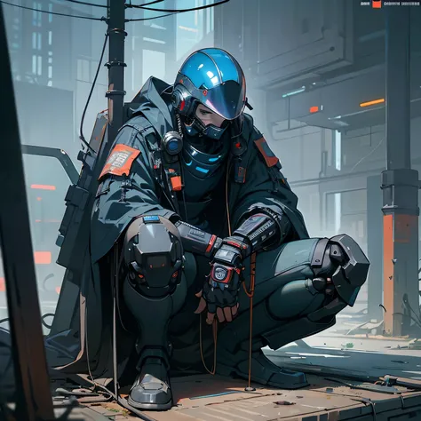 (Dystopic loneliness art), ((hopeless cyberpunk)), lone knight, closed clothing, (closed helmet), steel visor, hands on knees, sits in wires, (lots of wires and pipes), faint blue lights, highly detailed art, many details