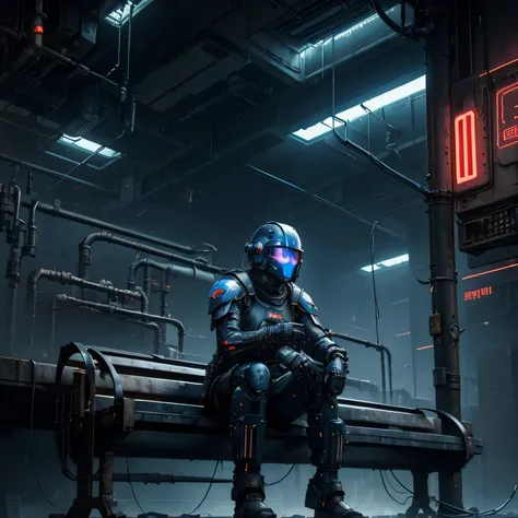 (Dystopic loneliness art), ((hopeless cyberpunk)), lone knight, closed clothing, (closed helmet), steel visor, hands on knees, sits on a steel bench, (lots of wires and pipes), faint blue lights, highly detailed art, many details