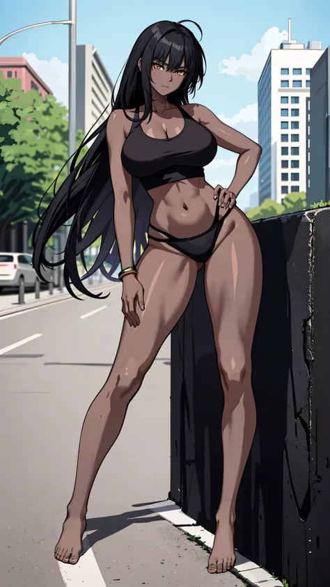 masterpiece, best quality, high resolution, 1 woman, karin , black skin , long black hair , black tank top , bikini , abdomen , ...