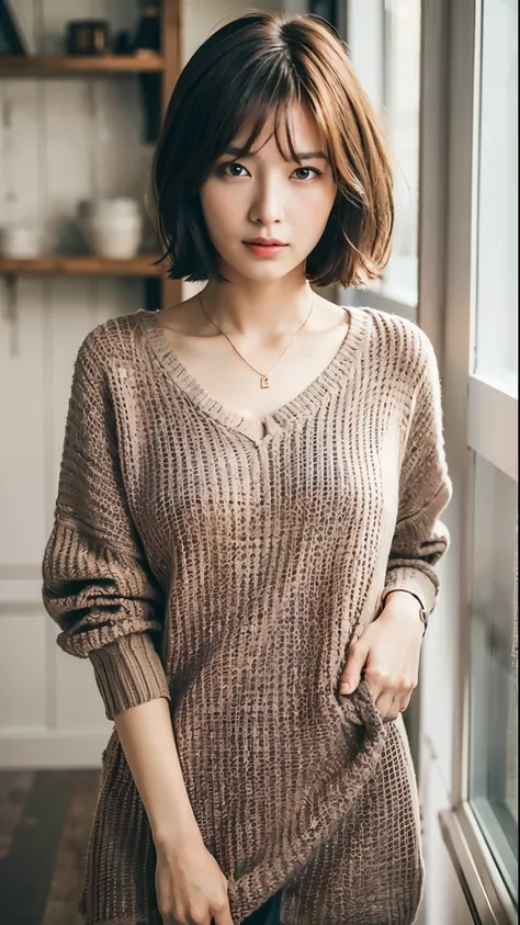 (highest quality, 8K, 32k, masterpiece, UHD:1.2),Photos of beautiful Japanese women, big breasts, very short bob hair,Upper body,face focus,extra large_sweater, necklace, simple background, From above, looking at the viewer,