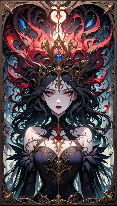 tarot card: mad queen,dark fantasy,hauntingly beautiful,vivid colors,gothic horror,macabre atmosphere,fluid strokes,great attent...