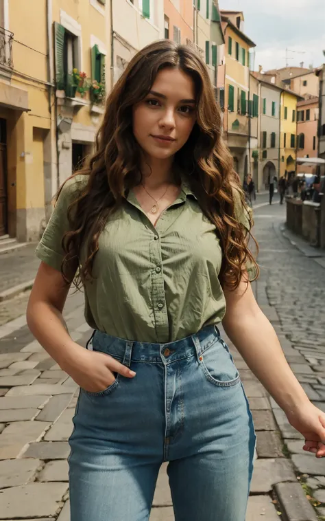 italian woman, wavy hair, brown hair, natural wavy hair, green shirt, denim, italian city background