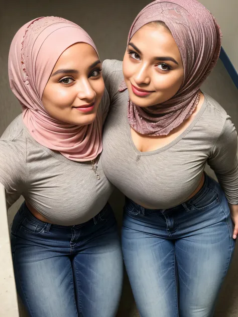 (view from behind), ((view from above:1.5)), (birds eye perspective), in an empty and hushed classroom, two young (hijabis) huge...