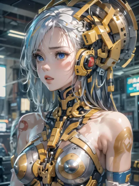 (photorealistic:1.8, highest quality:1.8,8K masterpiece:1.8,High resolution,muste piece:1.8,RAW Photos,cinematic lighting),No split screen, cyber punk、graduate School、wet floor、 (1 android girl:1.3)、Completely naked、Full body tattoo、choker、beautiful breast...