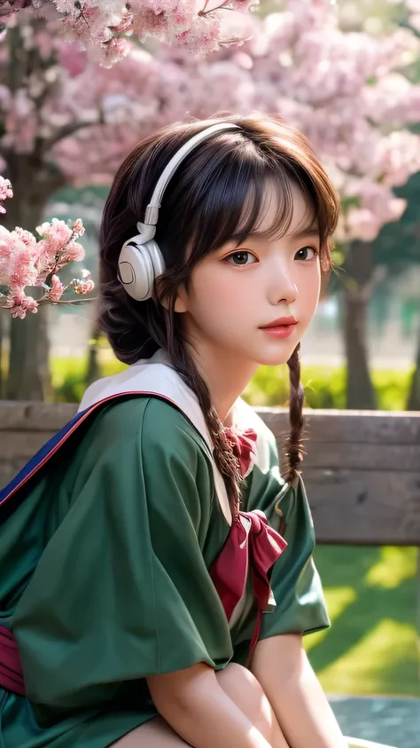 Dragon Ball　bloomers, futuristic scene, Mechanically enhanced Japanese high school girl、Elegant in an elaborate garden. She has beautifully detailed eyes and lips that complement her face. high school girl。.uniform。.。.。.。.。.。14 year old girl.. Around her a...