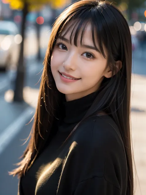 (highest quality,masterpiece:1.3,ultra high resolution),(Super detailed,caustics),(realistic:1.4,RAW shooting),1 girl,flat bangs、look at the camera with a smile、Blurred background、(black, warm clothes)、