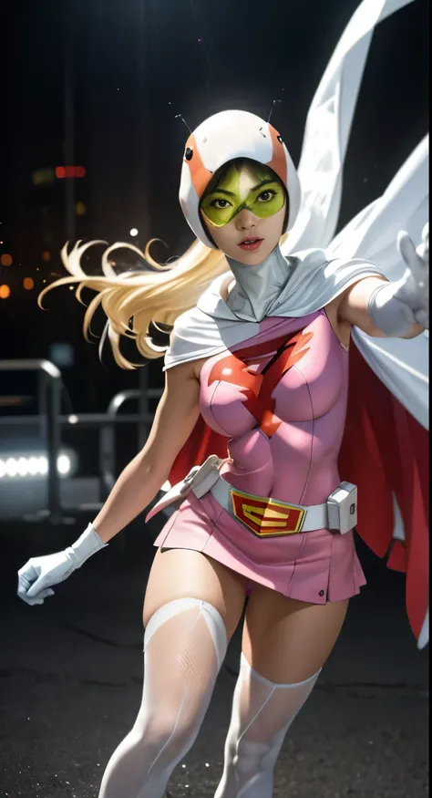 raw　photo,realistic,beautiful woman、Jun、straight,Pause,looking at the viewer,break,
Year_classic_Jun_Gatchaman_my wife,www.my wife.and,
long hair,chest,green eyes,lips,medium chest,blonde hair,lipstick,compensate,
gloves,cape,Helmet,belt,elbow gloves,white...