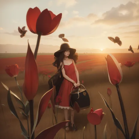 painting of a woman in a red dress and hat standing in a field of flowers, by Alice Rahon, by Mykola Burachek, girl walking in a flower field, by Ni Duan, girl in a flower field, by Zou Zhe, by Nil Gleyen, by Choi Buk, by Pascale Campion, by Li Song