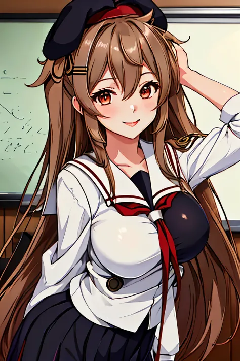 highest quality, masterpiece, High resolution, 1 girl,  (Murasame　Change two　Fleet Collection:1.15), long hair, Light brown hair, brown eyes, red eyes, ribbon, smile, black sailor uniform, pleated skirt, black beret, classroom background, big breasts, slen...