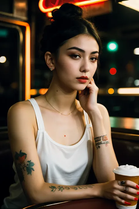 ((Best quality)), ((masterpiece)), (detailed), perfect face, upper body shot, girl, makeup, small tattoos, hair bun, street clothing, sitting in a diner, red neon signs, dim lighting, night time, professional photograph, (bella kotak style of photography, ...