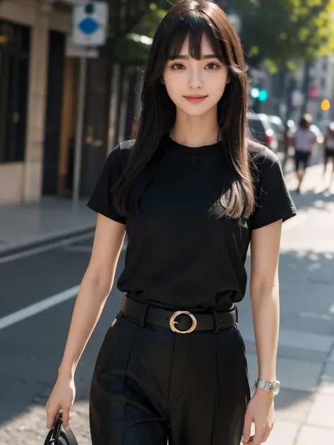 (highest quality,masterpiece:1.3,ultra high resolution),(Super detailed,caustics),(realistic:1.4,RAW shooting),1 girl,flat bangs、look at the camera with a smile、Blurred background、(All black、roomy pants、Belt decoration)、(All black、T-shirt、Belt decoration)