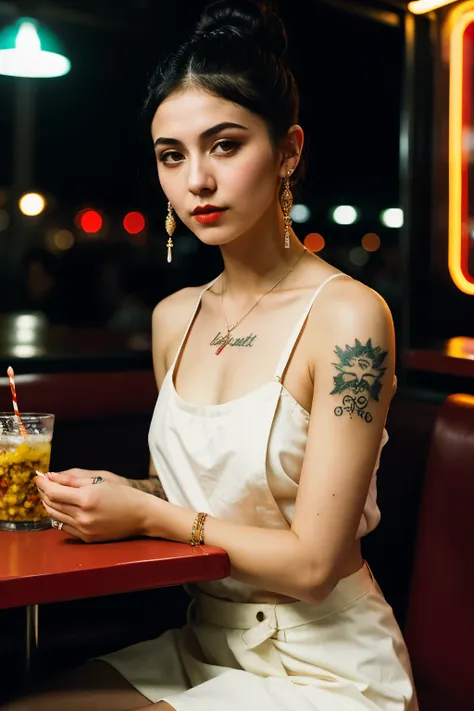 ((Best quality)), ((masterpiece)), (detailed), perfect face, upper body shot, girl, makeup, small tattoos, hair bun, street clothing, sitting in a diner, red neon signs, dim lighting, night time, professional photograph, (bella kotak style of photography, ...