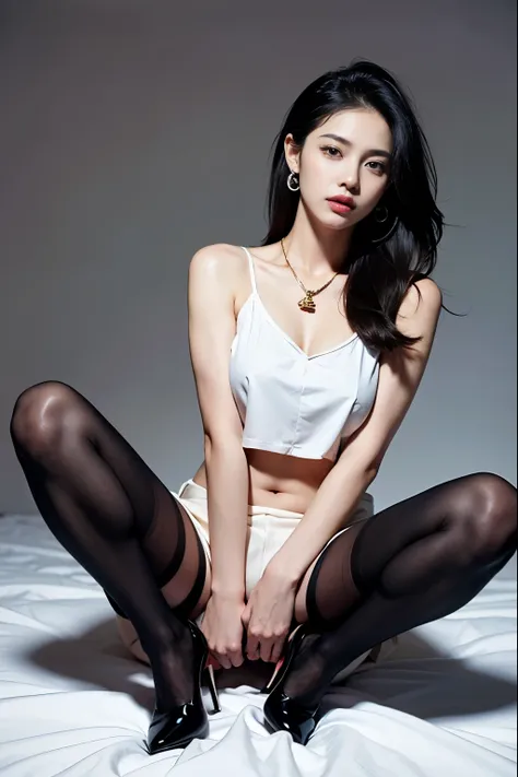 (masterpiece:1.3), (8 thousand, realistic, RAW photos, best quality: 1.4), (1 woman),(sheer silk blouse), (short skirt), (짙은색 realistic 팬티 스타킹),   (wearing stockings), (wearing stockings), (High Heels),  (High Heels),  (Leaning on the bed), ( Raise your kn...