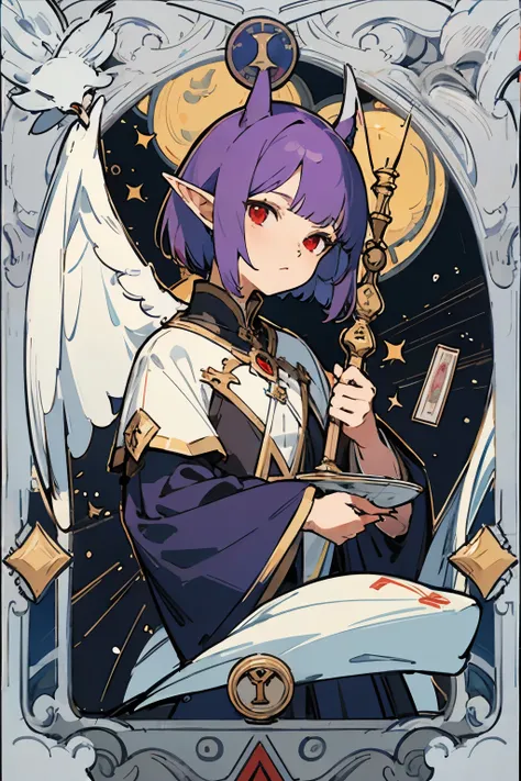 purple hair,tarot,red eyes,short hair,elf ears,bangs parting