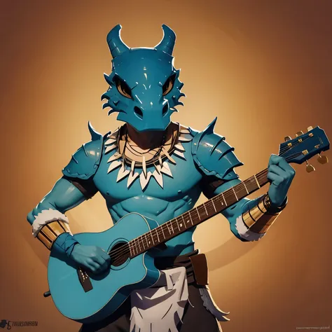 create a designer role-playing character in modern cartoon style, create a blue dragonborn bard, he has light armor and a wooden...